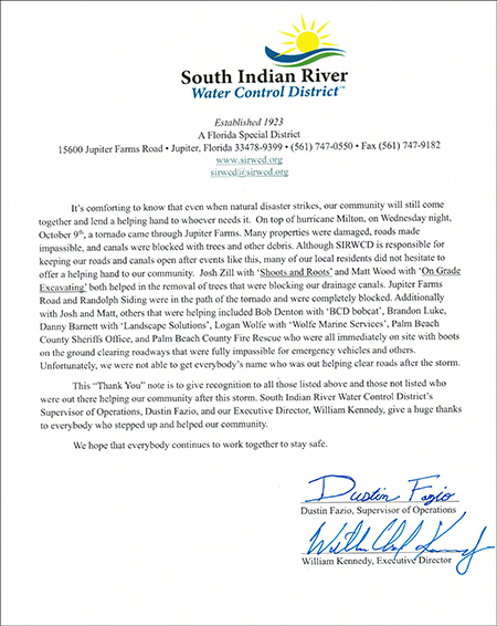 Supervisor of Operations Dustin Fazio and Executive Director William Kennedy extend their thanks in a letter for landowner assistance after tornado damage in Jupiter Farms.